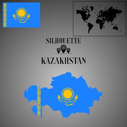 Kazakhstan Outline World Map Contour Silhouette With National Flag ...