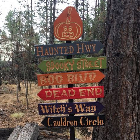 Creepy Halloween Streets Lawn Ornament Directional Signs - Carved Cedar Wood Holiday Decor ...