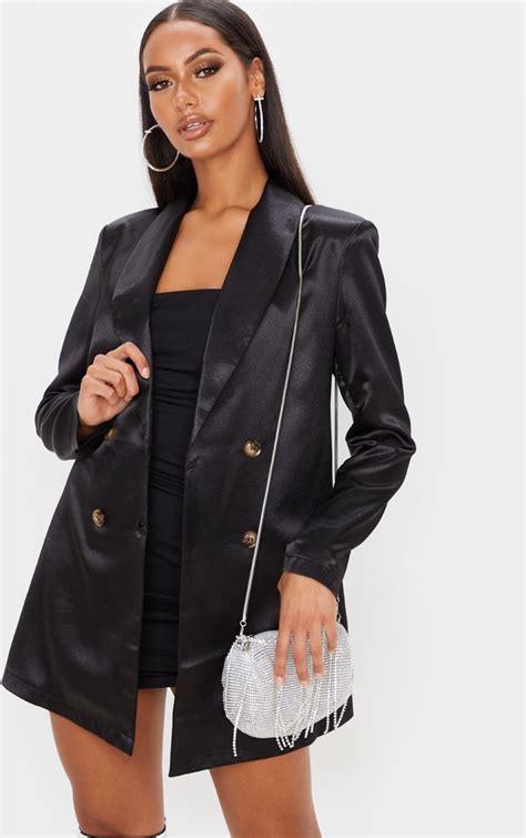 Black Longline Satin Blazer | Coats & Jackets | PrettyLittleThing IRE