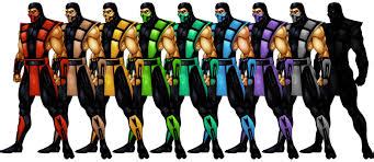 So, Red - Ermac, Brown/Tan - Tremor, Yellow - Scorpion, Green - Reptile, Teal - Chameleon, Cyan ...