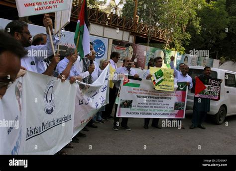 Hyderabad, Pakistan, October 23, 2023. Members of Pakistan Pediatric Association Sindh are ...