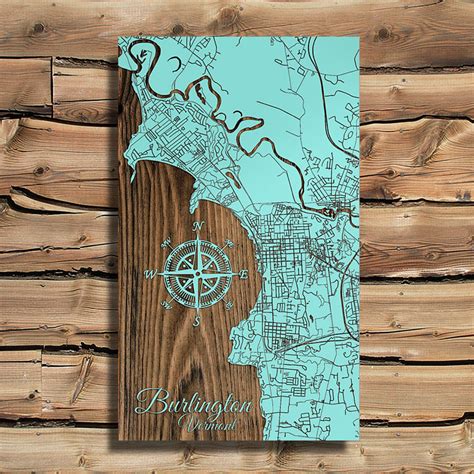 Burlington VT Street Map - Lake Champlain | Burnt Laser-Carved Wood Map