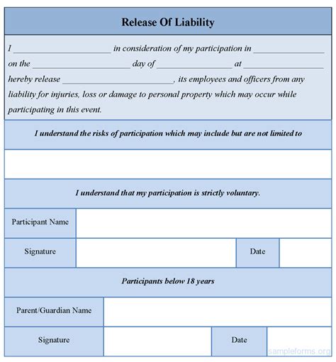 Free Printable Liability Release Form Sample Form (GENERIC)