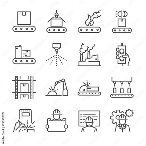 Manufacturing line icon set. Included the icons as process, production, factory, packing and ...