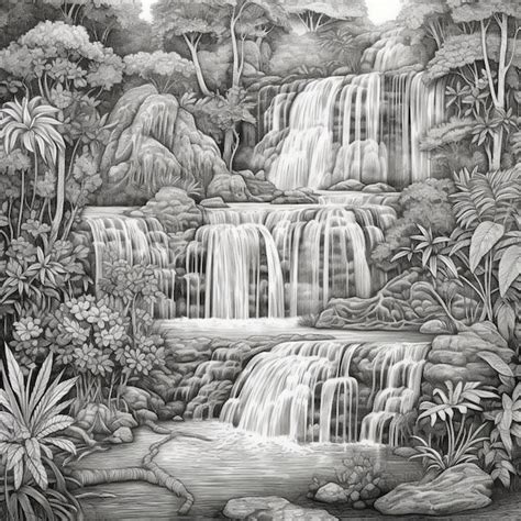 Premium AI Image | A drawing of a waterfall in a tropical jungle with ...