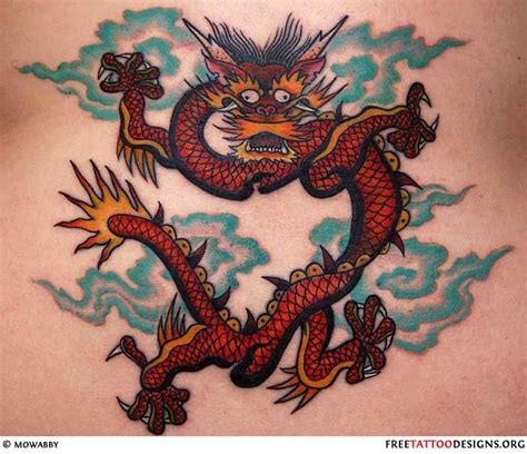 Red Chinese dragon tattoo with blue clouds..love his face, silly ...