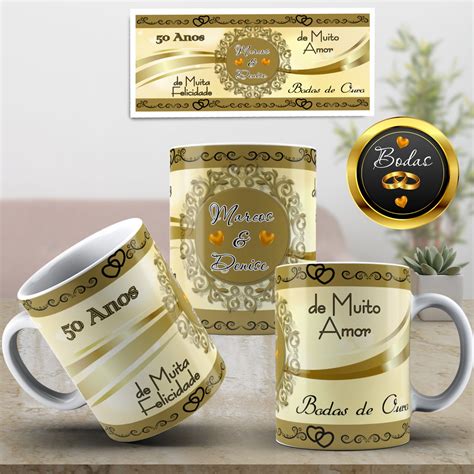 Caneca Bodas de Ouro 50 Anos de Casados com Nomes na Caneca