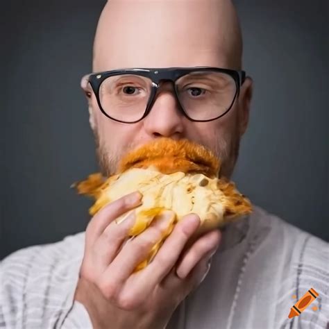 Bald man with glasses and facial hair biting a chicken sandwich on Craiyon