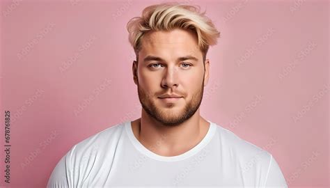 plus size chubby blonde beautiful man with white t-shirt pastel color background, front posing ...