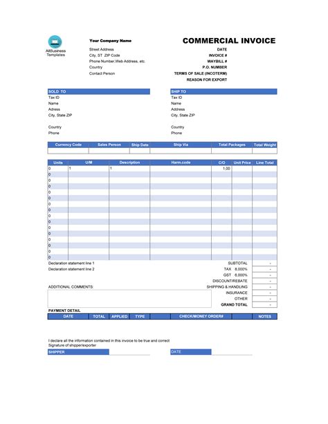 Commercial Invoice Excel | Templates at allbusinesstemplates.com