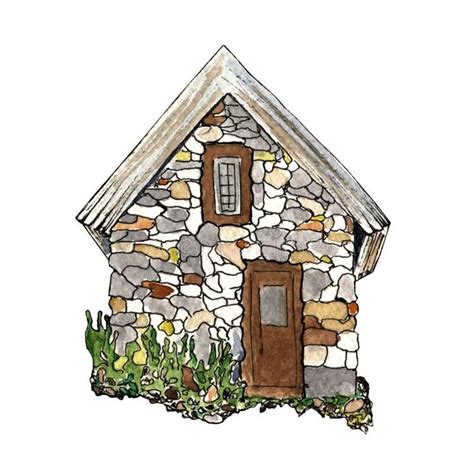 One isolated watercolor small stone old village house on a white ...