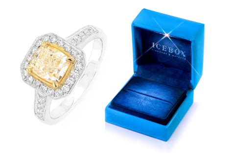 Icebox - 1.50ct Cushion Yellow Diamond - Millgrain Halo - Diamond Engagement Ring - All Natural