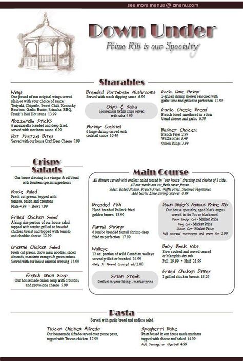 Menu at Down Under pub & bar, Syracuse