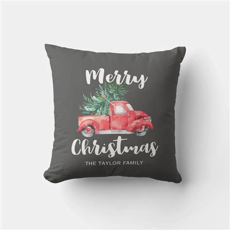 Red Truck and Tree | Gray Christmas Throw Pillow | Zazzle