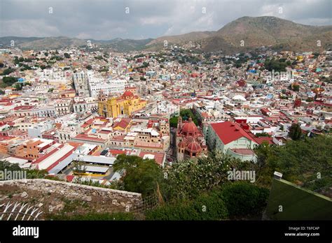 Aerial view of Guanajuato City historic center, including the Basilica and University of ...