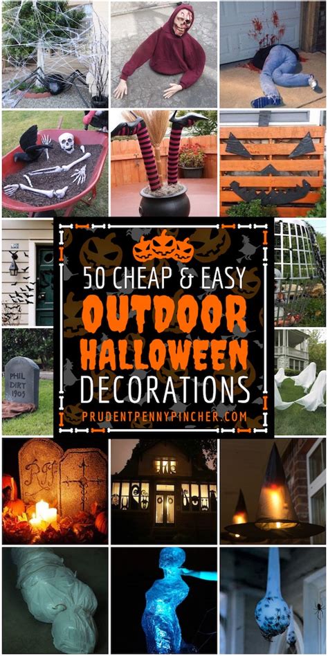 an outdoor halloween decoration collage with pumpkins and other items in the foreground