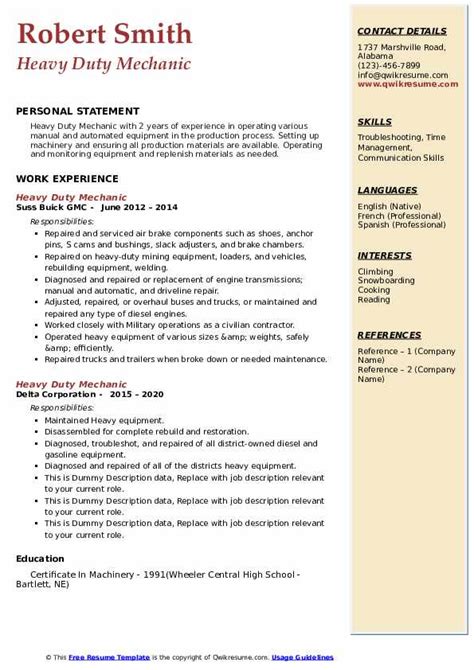 Heavy Duty Mechanic Resume Samples | QwikResume