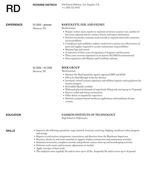 Warehouseman Resume Samples | Velvet Jobs