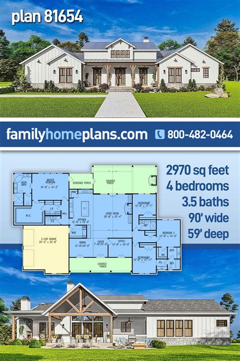 Plan 81654 | Spacious 1-story Modern Farmhouse with 2970 Sq Ft, 4 Beds, 4 Baths and a 2 Car Garage