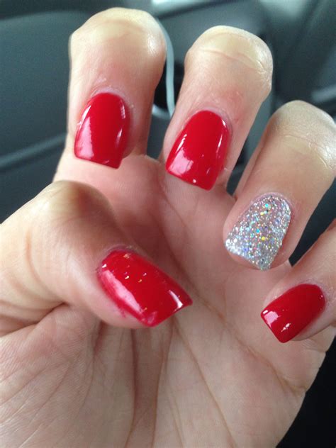 Acrylics! Red with glitter nail on ring finger | Red nails, Formal nails, Red acrylic nails