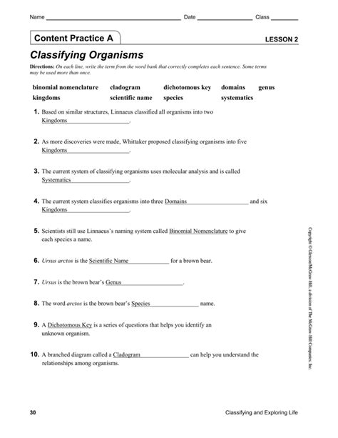 Living Things Classification Worksheets