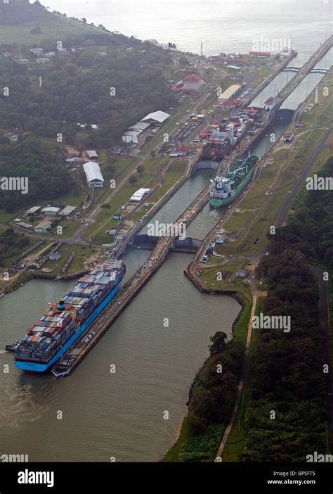 aerial view above container ships Gatun Locks Panama Canal Stock Photo ...