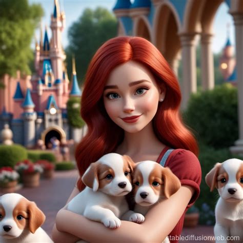 Hyperrealistic Disney-style 3D Girl with Puppies in Disney World ...