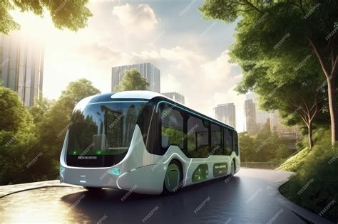 Premium AI Image | Futuristic electric bus surrounded by greenery with view of futuristic city ...