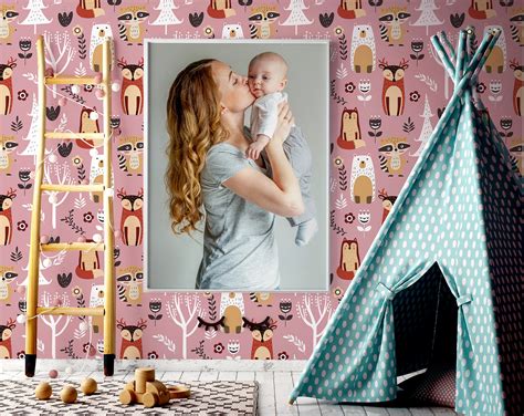 Pink Wallpaper With Cute Animals and Trees Wallpaper for | Etsy