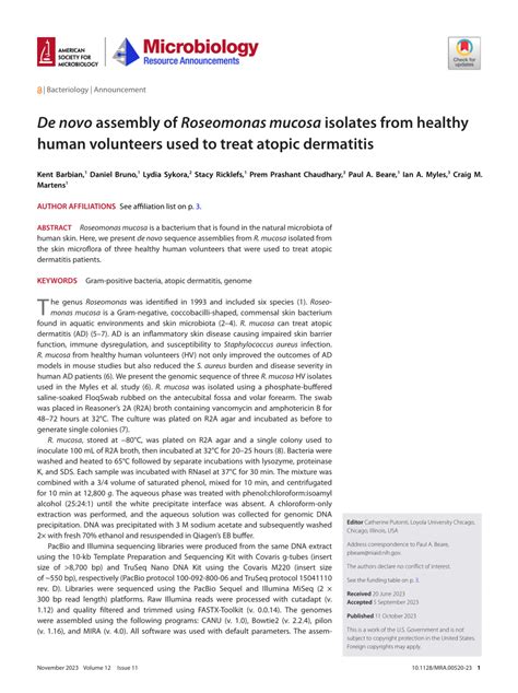 De novo assembly of Roseomonas mucosa isolates from healthy human volunteers used to treat ...