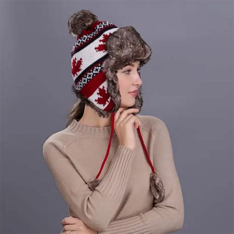 Warm Women Winter Hat with Ear Flaps Snow Ski Thick Knit Wool Beanie ...