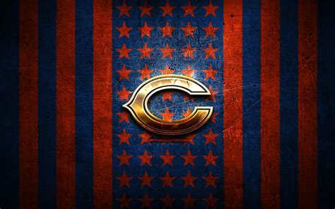 Download wallpapers Chicago Bears flag, NFL, blue orange metal background, american football ...