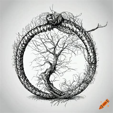 Symbolic artwork of an ouroboros with a dying tree of life and hanging ...