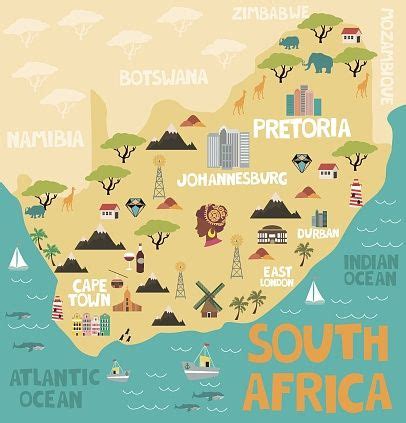 Illustrated map of South Africa with nature and landmarks. Editable... | South africa map ...