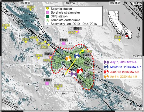 Seismicity map of the trifurcation area of the San Jacinto fault zone... | Download Scientific ...