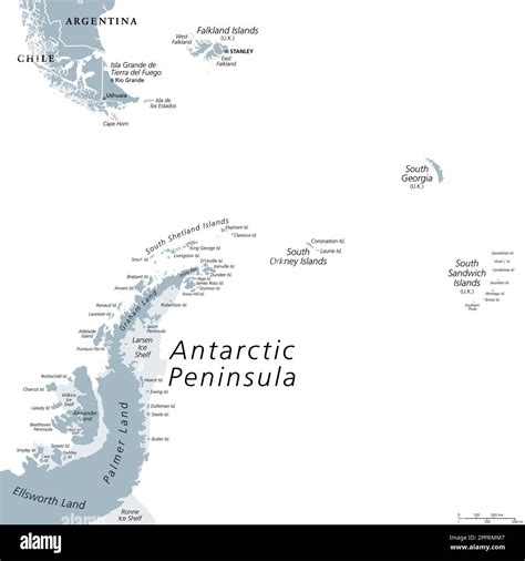 Antarctic Peninsula area, gray political map. From southern Patagonia ...