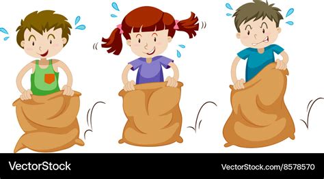 Three children jumping in sacks Royalty Free Vector Image