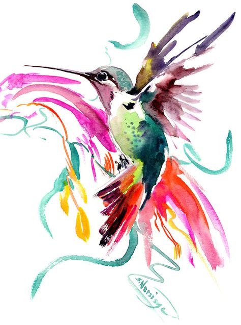 Flying Hummingbird and Abstract Flowers, Turquoise, pink watercolor ...