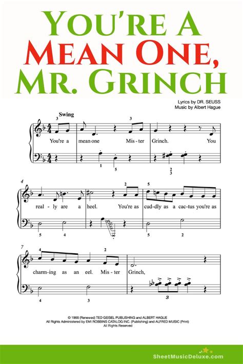 You're A Mean One Mister Grinch- Easy Piano Sheet Music | Christmas piano sheet music, Clarinet ...