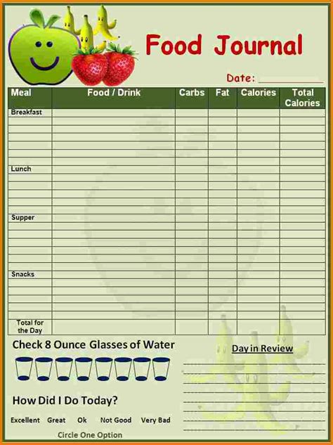 Food log template Printable In excel Format