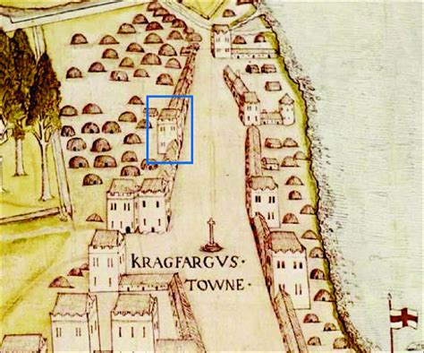 Map of Carrickfergus, c 1560, with the Dobbin tower house outlined (BL... | Download Scientific ...