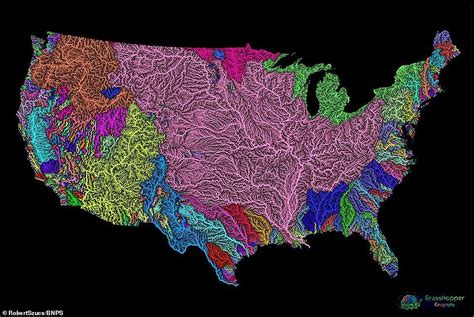 Map shows every river basin of the US with a different color and width ...