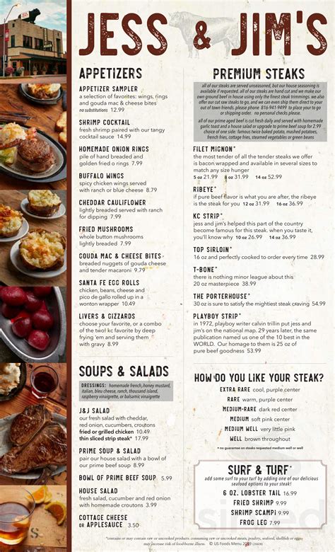 Jess and Jim's Steak House menu in Kansas City, Missouri, USA