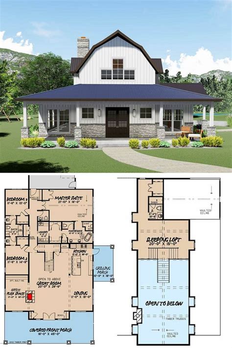 3-Bedroom Two-Story Modern Farmhouse with Sleeping Loft (Floor Plan) | Barn homes floor plans ...