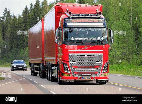 Jyvaskyla, Finland. June 7, 2019. Beautifully customized new red Volvo FH16 truck with full ...