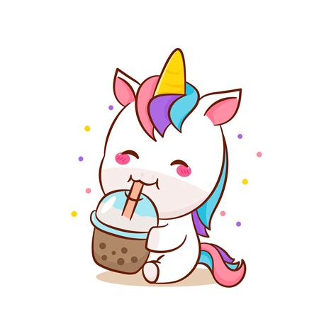 Cute magical unicorn cartoon drinks bubble tea vector. Pony cartoon kawaii animal. Isolated on a ...