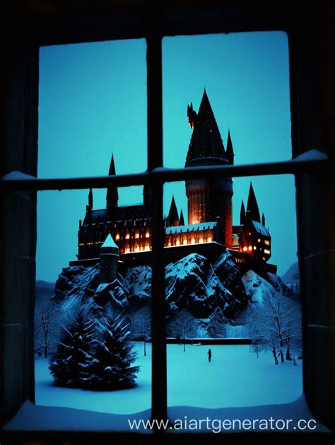 Hogwarts Castle Winter Night View Loneliness and Enchantment | AI Art Generator