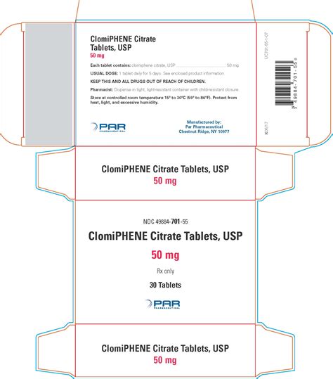 Clomiphene Citrate Tablets 50mg, 30 per package, blister packaging, NDC # 49884-0701-55 - Merit ...