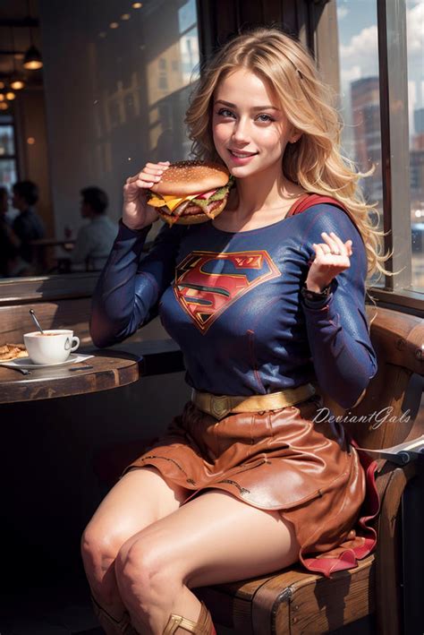 Supergirl having a tasty burger by DeviantGals on DeviantArt