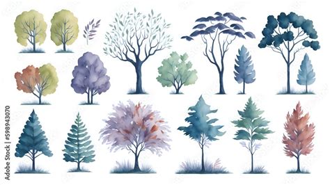 Watercolor trees collection. Forest tree pack. Generative Ai. Stock ...